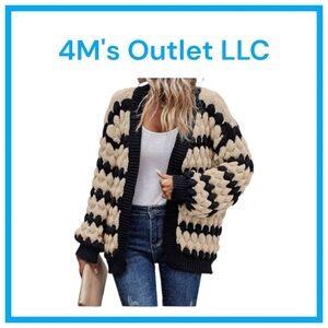 Womens Cardigan Fall Fashion Lantern Sleeve Open Front Striped Color Block Loose